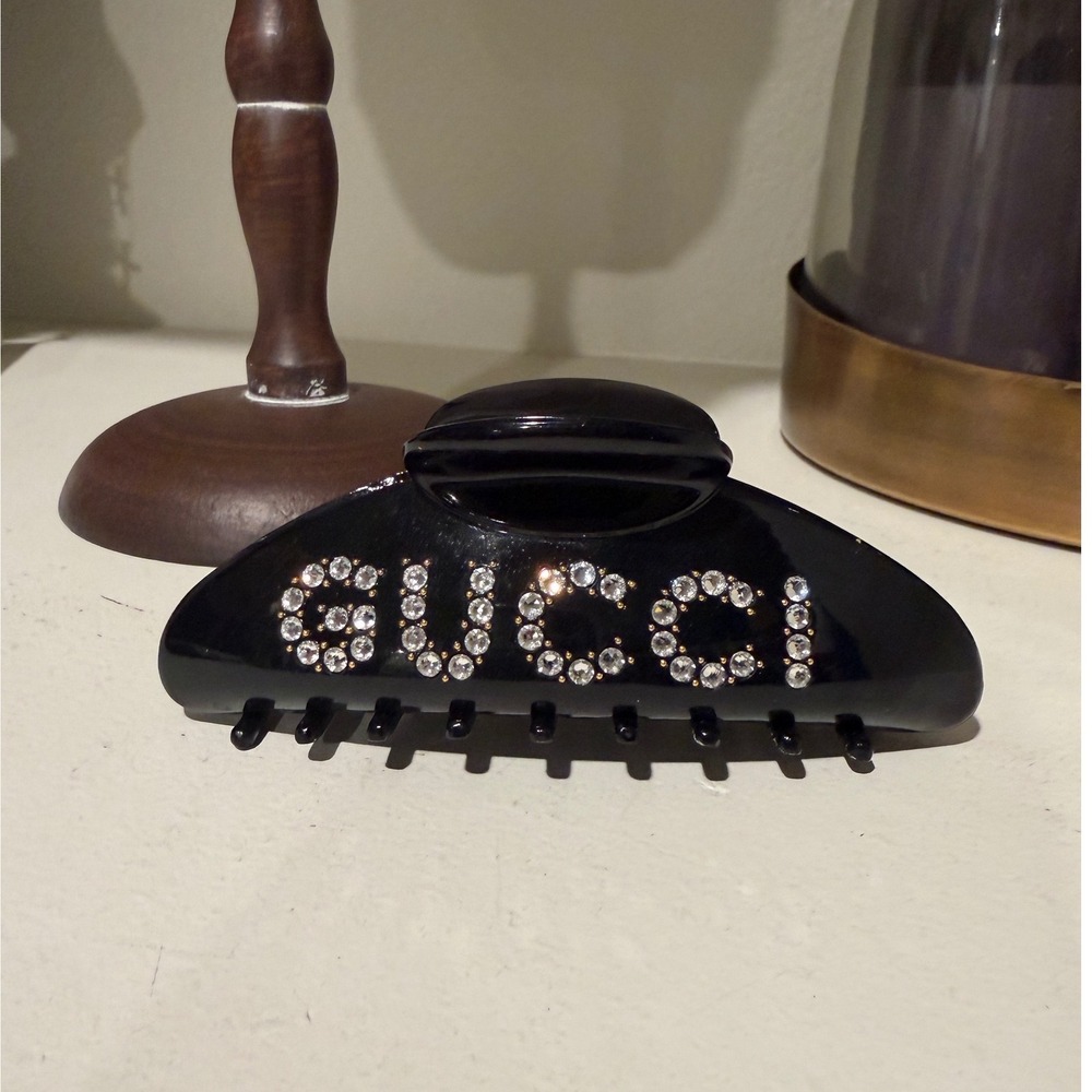 Gucci Black Crystal Logo Embellished Hair Claw Clip Luxury Accessory